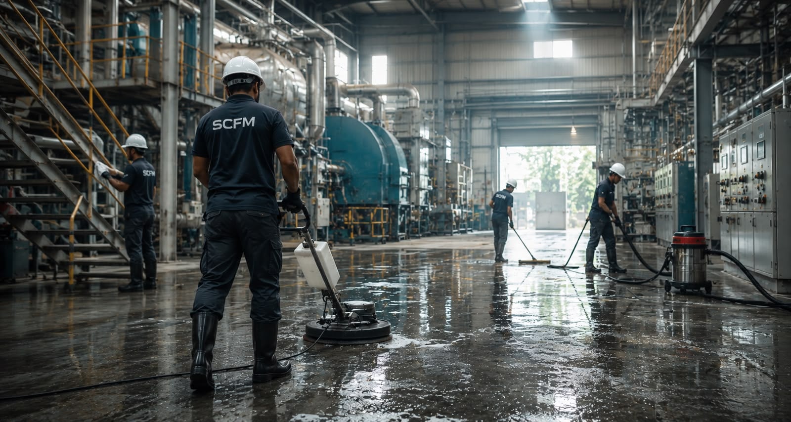 SCFM industrial cleaning team performing factory deep cleaning at a manufacturing facility in Mahape MIDC