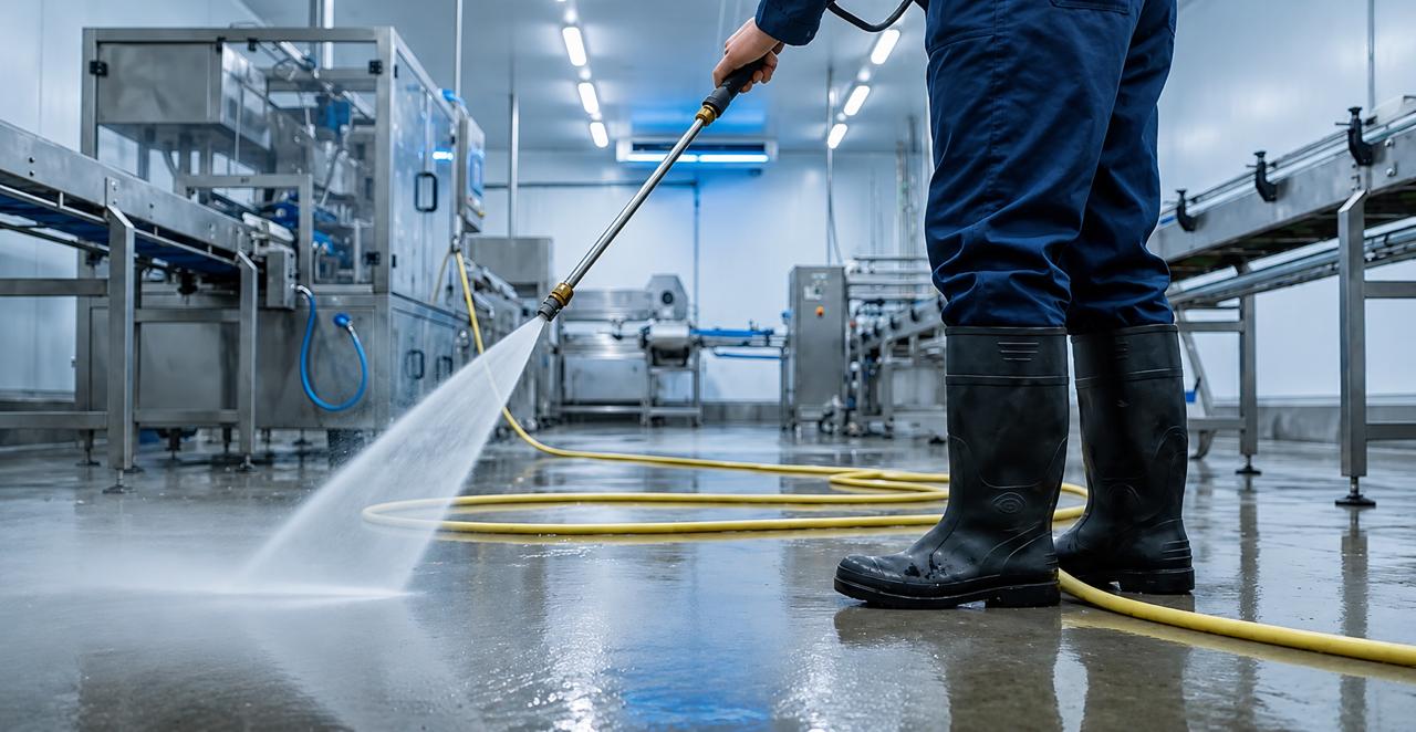 Ride-on scrubber cleaning a warehouse floor during a quarterly warehouse deep cleaning inspection