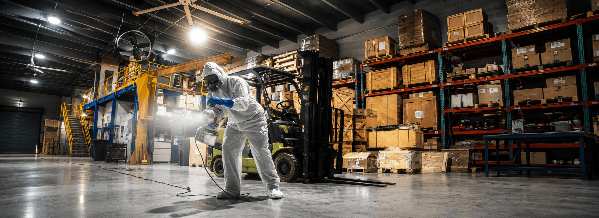 Ride-on scrubber cleaning a warehouse floor during a quarterly warehouse deep cleaning inspection